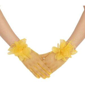 Women's Tulle Floral Short Yellow Gloves Flower Design Tea Party Accessories